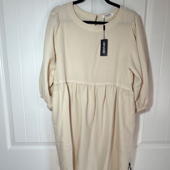 Aimage Dresses & Skirts - AIMAGE Beige Fit & Flare Midi Dress Button Pleated Pockets 3/4 Balloon Sleeve L